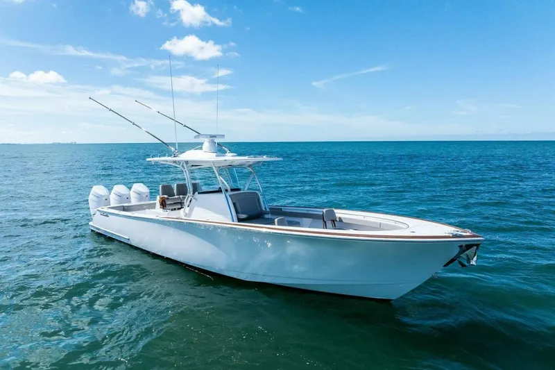 Galati Yacht Sales Trade Yacht Photos Pics 2025 Valhalla Boatworks V-37 on open sea, clear sky, sleek design.