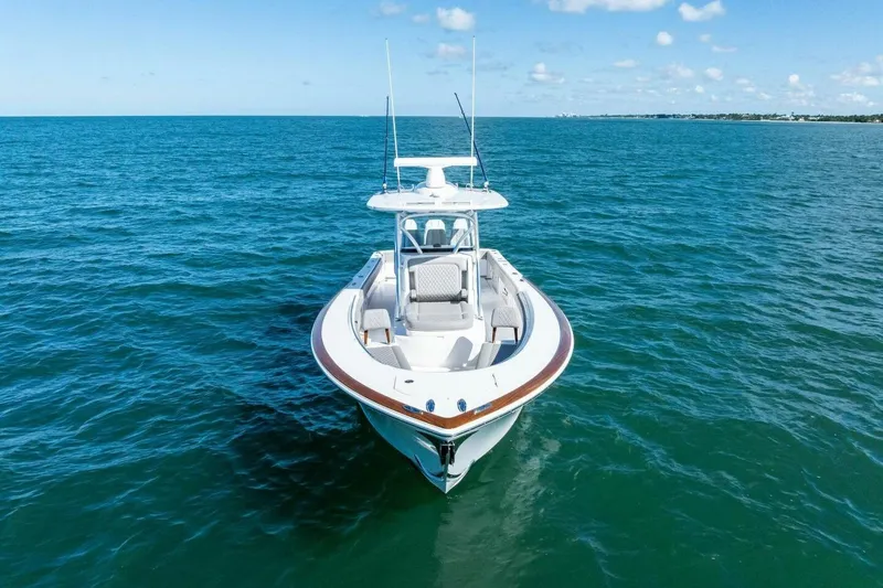 Galati Yacht Sales Trade Yacht Photos Pics 2025 Valhalla Boatworks V-37 on open sea, clear sky, calm waters.