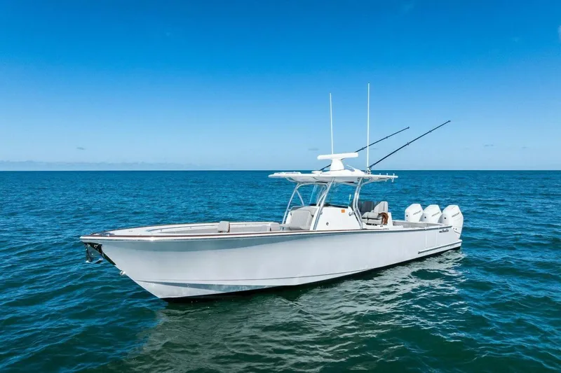 Galati Yacht Sales Trade Yacht Photos Pics 2025 Valhalla Boatworks V-37 on open sea, showcasing sleek design and powerful engines.