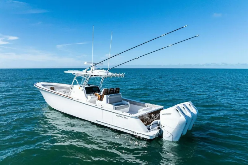 Galati Yacht Sales Trade Yacht Photos Pics 2025 Valhalla Boatworks V-37 on open sea, featuring triple Mercury engines.