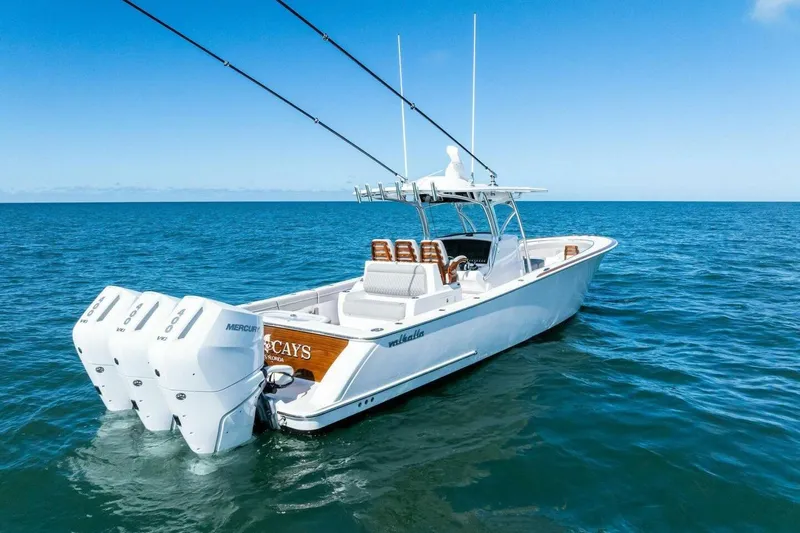 Galati Yacht Sales Trade Yacht Photos Pics 2025 Valhalla Boatworks V-37 on open sea, featuring triple Mercury engines.