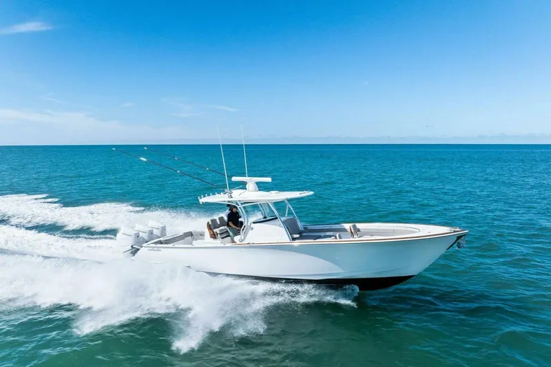 Galati Yacht Sales Trade Yacht Photos Pics 2025 Valhalla Boatworks V-37 cruising on open blue ocean under clear sky.