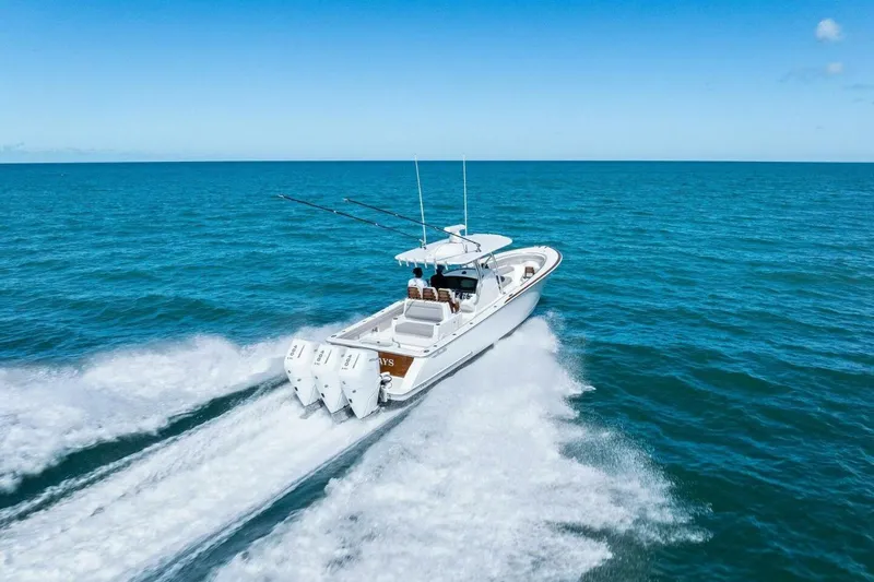 Galati Yacht Sales Trade Yacht Photos Pics 2025 Valhalla Boatworks V-37 cruising on open ocean, showcasing powerful engines.