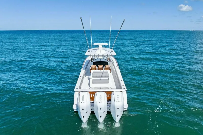 Galati Yacht Sales Trade Yacht Photos Pics 2025 Valhalla Boatworks V-37 on open sea, showcasing triple outboard engines.