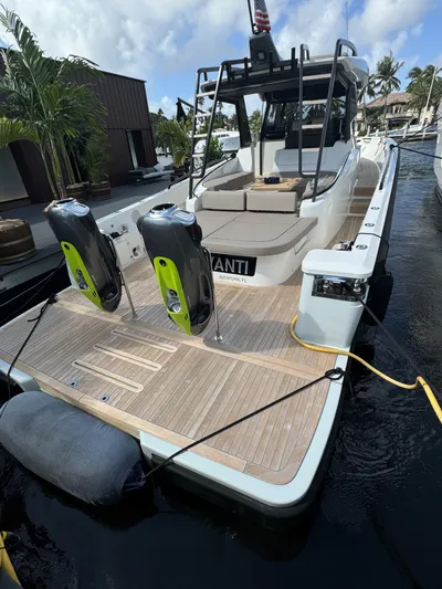 Bb Avanti Yacht Photos Pics 2023 Bluegame BG42 yacht docked, featuring spacious deck and modern design.