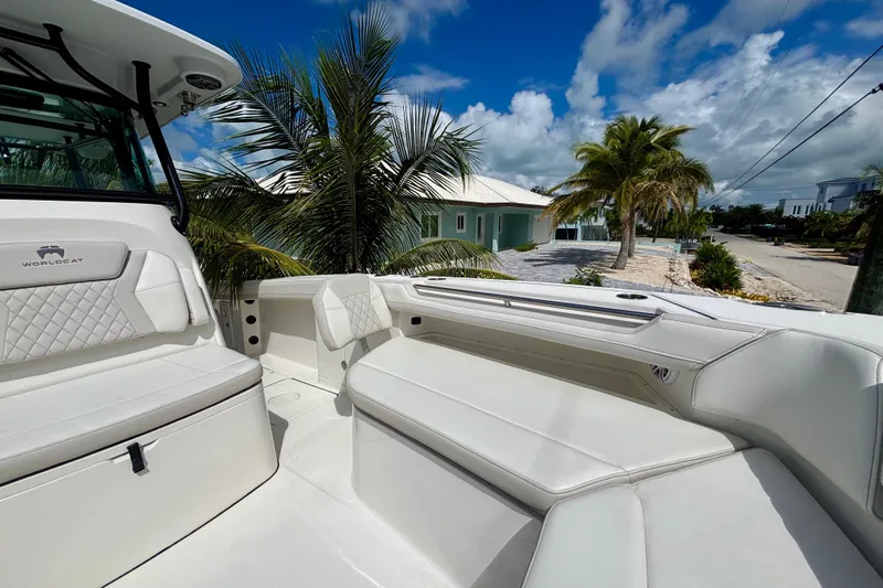  Yacht Photos Pics 2024 World Cat 325 CC boat interior with white seating, palm trees, and blue sky background.