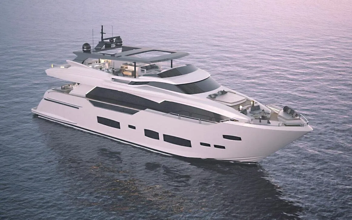 Luxurious 2026 Ladenstein L88 yacht cruising on calm waters at sunset.
