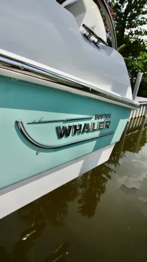  Yacht Photos Pics 2019 Boston Whaler DAUNTLESS boat on water, close-up of logo and hull design.