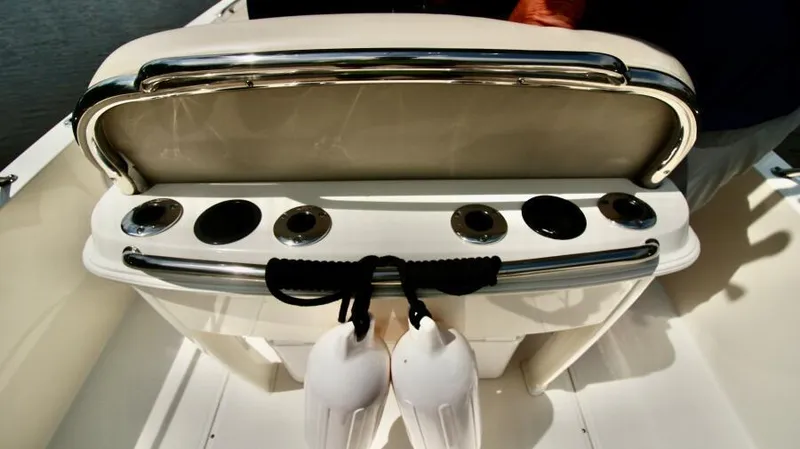  Yacht Photos Pics 2019 Boston Whaler DAUNTLESS boat interior with rod holders and fenders.