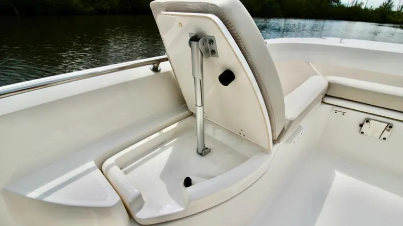  Yacht Photos Pics 2019 Boston Whaler DAUNTLESS boat seat with storage compartment open.