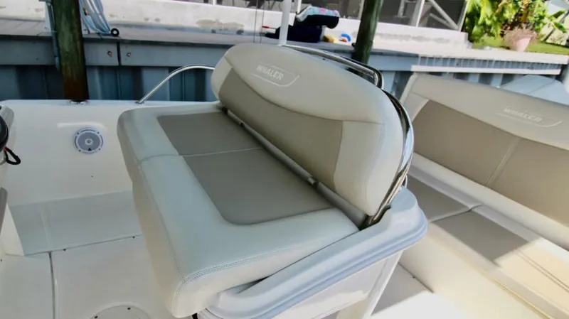  Yacht Photos Pics 2019 Boston Whaler DAUNTLESS boat seating area with beige cushions.