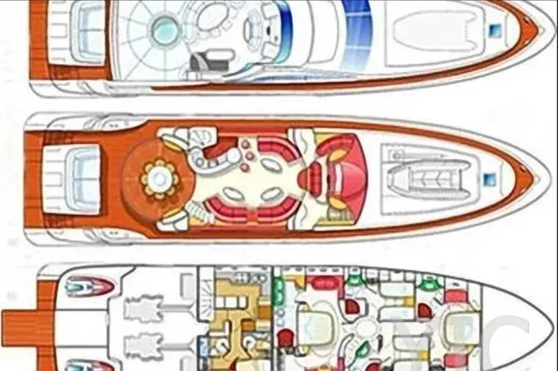  Yacht Photos Pics Deck layout of 2003 Azimut 98 Leonardo luxury yacht, showcasing interior and exterior design.