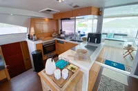 Luxurious Nautitech 542 yacht kitchen interior, featuring modern appliances and elegant design, 2013 model.