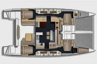 Floor plan of a 2013 Nautitech 542 catamaran, featuring cabins and living areas.