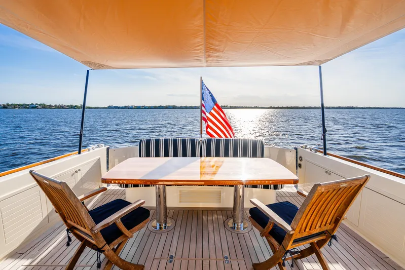 Pitt Stop Yacht Photos Pics Luxurious 2020 Palm Beach Motor Yachts PB55 deck with seating, table, and ocean view.