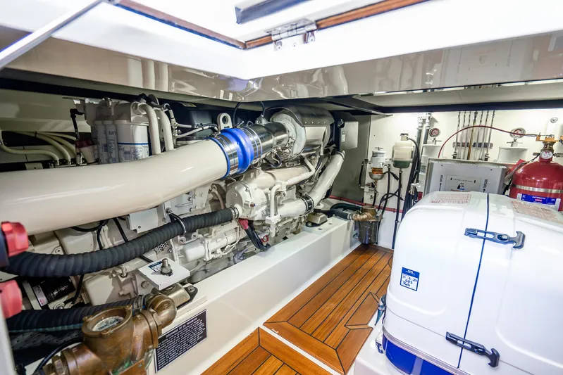 Pitt Stop Yacht Photos Pics Engine room of 2020 Palm Beach Motor Yachts PB55, showcasing advanced marine engineering.