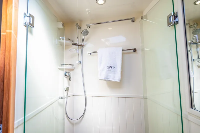 Pitt Stop Yacht Photos Pics Luxurious shower in 2020 Palm Beach Motor Yachts PB55, featuring modern fixtures and elegant design.