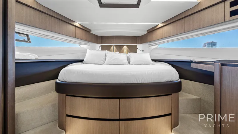  Yacht Photos Pics Luxurious bedroom interior of 2021 Galeon 680 Fly yacht with modern design.