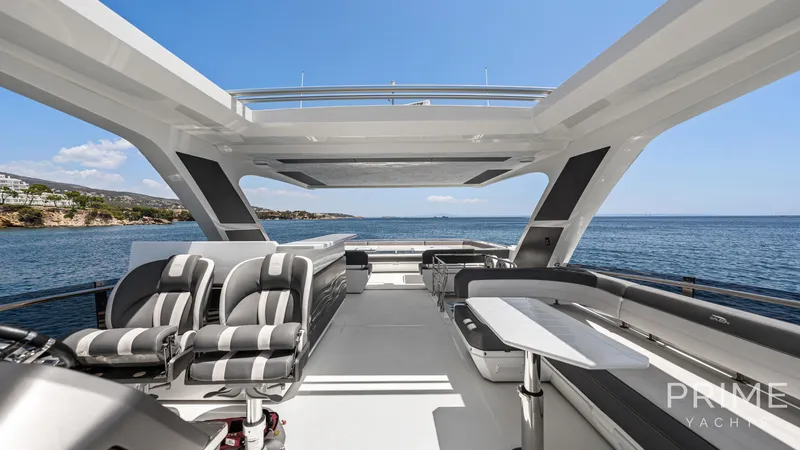  Yacht Photos Pics Luxurious 2021 Galeon 680 Fly yacht deck with seating, overlooking serene ocean view.