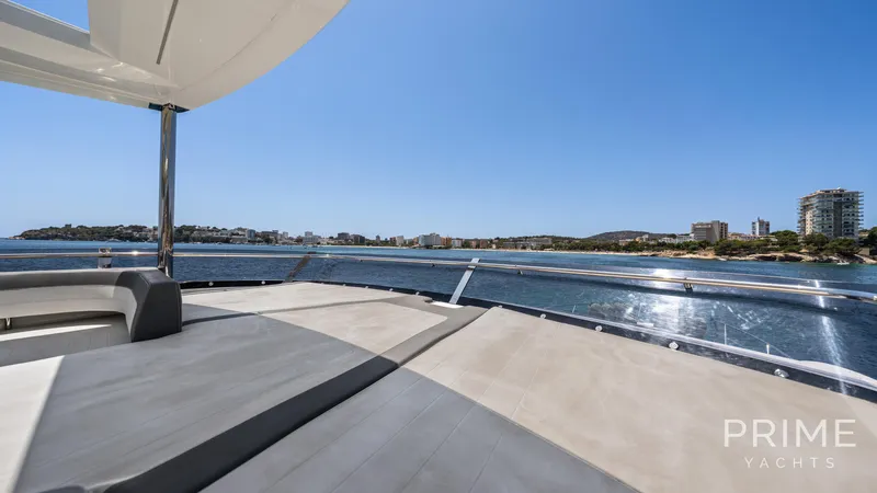  Yacht Photos Pics Luxurious 2021 Galeon 680 Fly yacht deck with stunning coastal view.