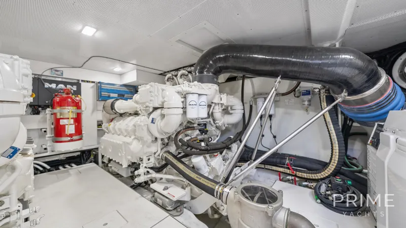  Yacht Photos Pics Engine room of 2021 Galeon 680 Fly yacht, featuring advanced machinery and equipment.