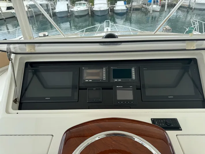  Yacht Photos Pics Control panel of a 2010 Viking 54 Convertible yacht with navigation screens.