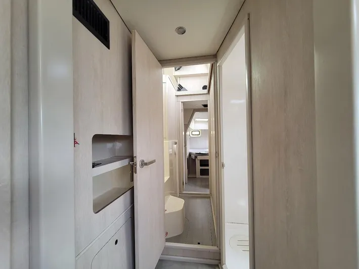 Kitten Caboodle Yacht Photos Pics Interior of 2015 Leopard 44 yacht, featuring modern design and light wood finishes.