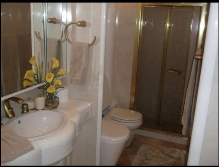  Yacht Photos Pics Luxurious Tecnomarine 1993 yacht bathroom with gold accents, sink, toilet, and shower.