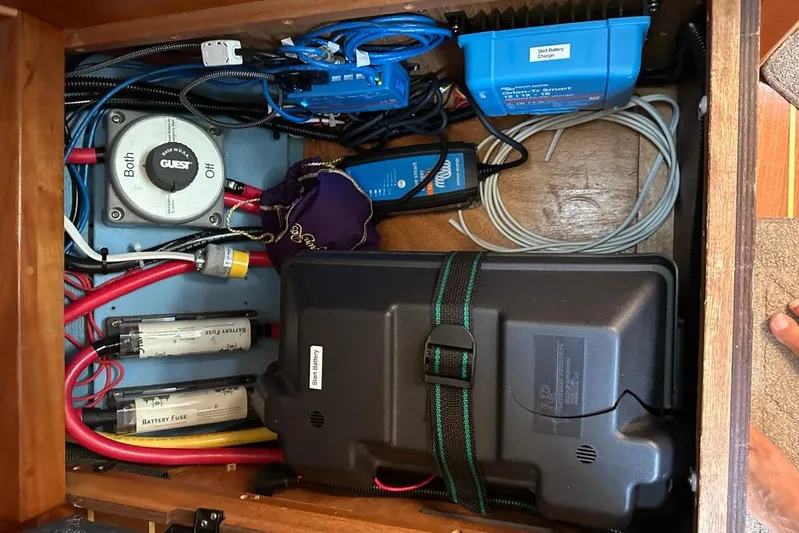  Yacht Photos Pics Electrical system components in a 2002 Sabre 402 boat, featuring battery fuses and wiring.