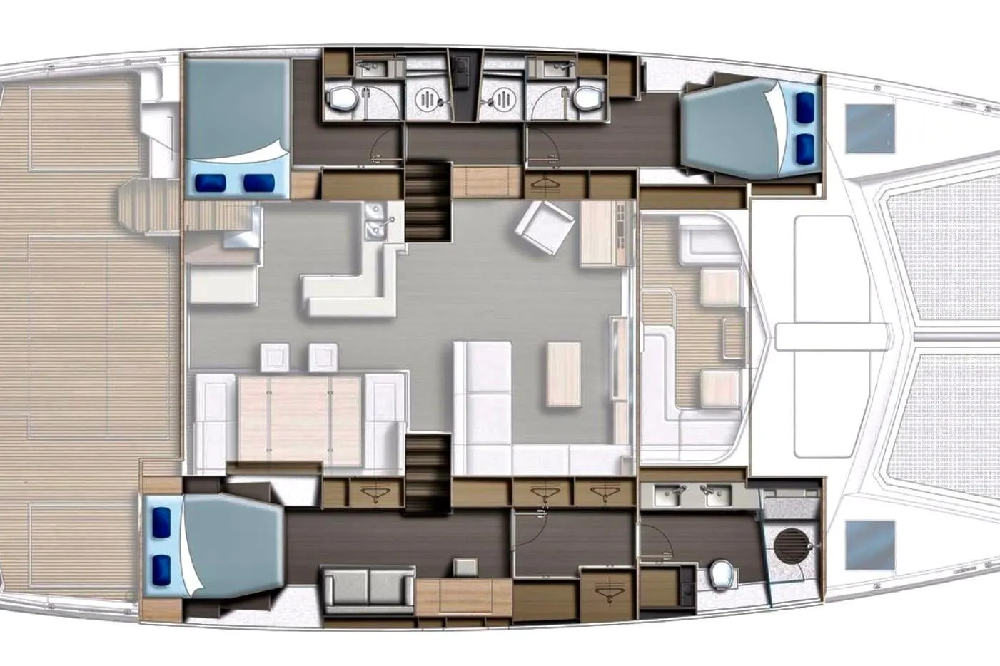 Floor plan of a 2015 Leopard 58 yacht, featuring spacious cabins and modern amenities.
