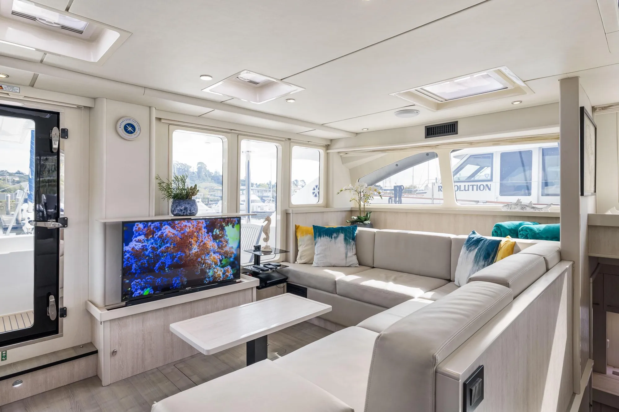 Luxurious interior of 2015 Leopard 58 yacht with modern decor and large windows.