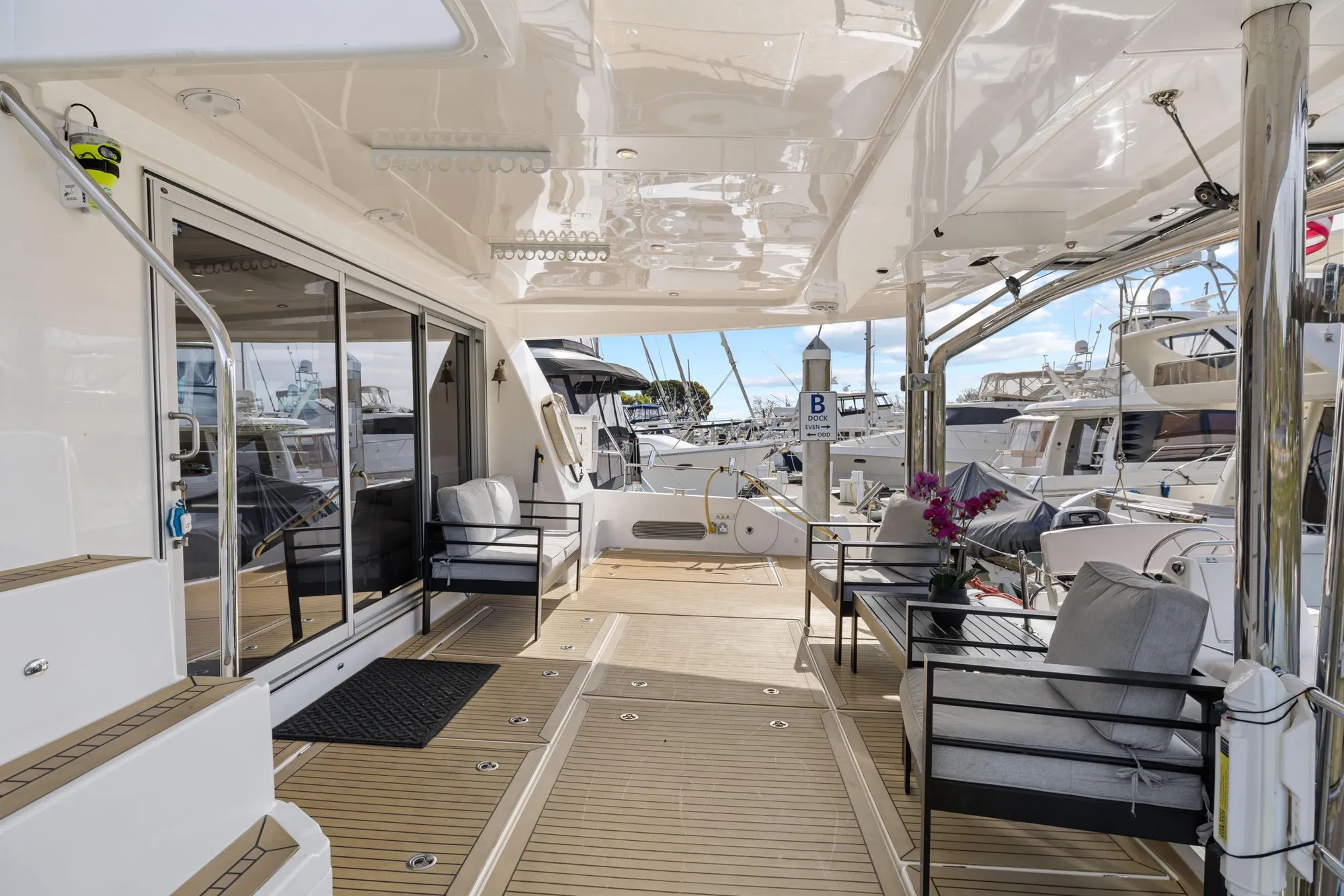 Luxurious 2015 Leopard 58 yacht deck with modern seating and marina view.