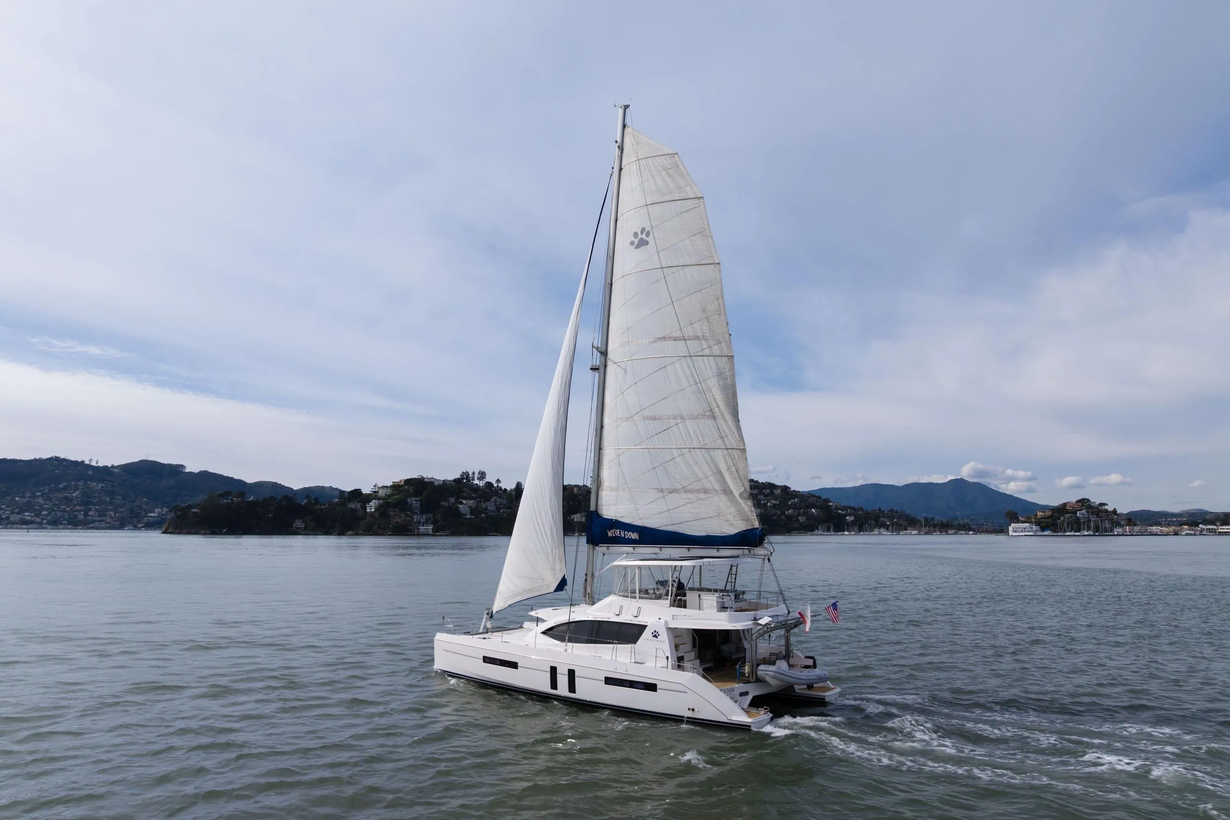 Sailing yacht Leopard 58, 2015 model, cruising on calm waters with scenic hills.