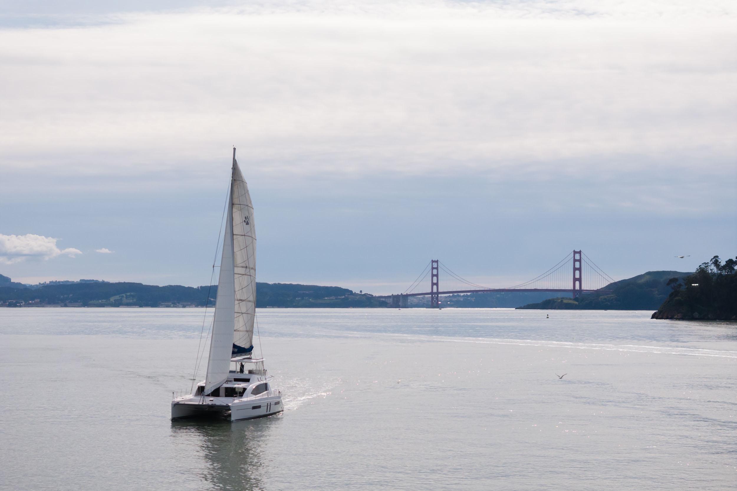 Sailing catamaran Leopard 58 near Golden Gate Bridge, 2015.