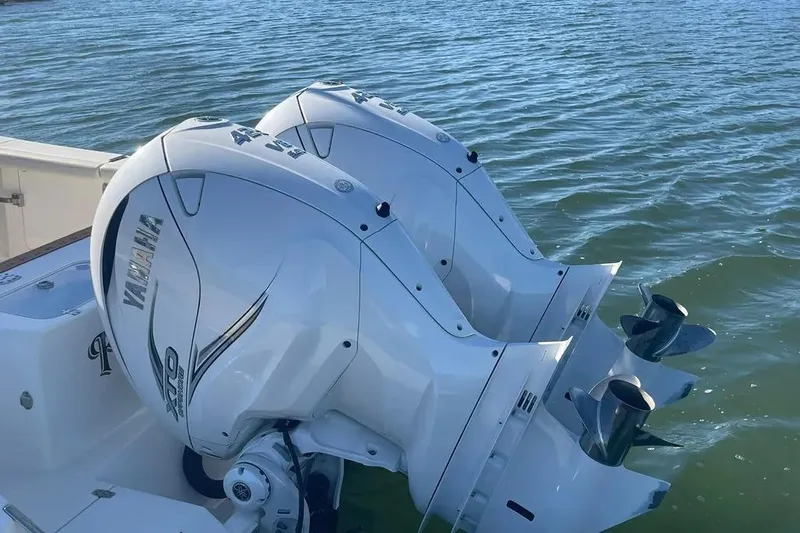  Yacht Photos Pics Twin Yamaha outboard engines on a 2023 Cobia 320 Center Console boat.
