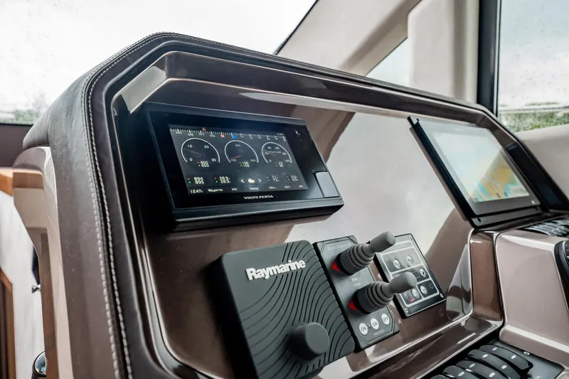 Bikini Blues Yacht Photos Pics Control panel of 2017 Galeon 510 Sky yacht with Raymarine navigation system.