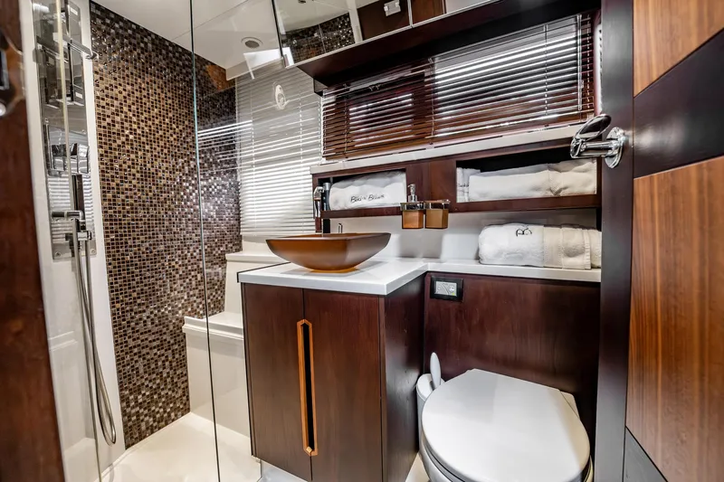 Bikini Blues Yacht Photos Pics Luxurious bathroom in 2017 Galeon 510 Sky yacht with modern fixtures and elegant design.
