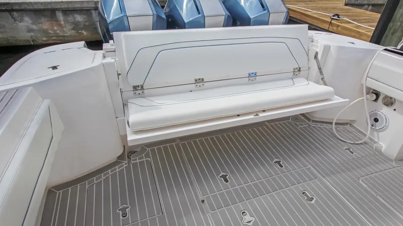 "alpha Bravo" Yacht Photos Pics 2022 Intrepid 375 Nomad SE boat with foldable seating and sleek deck design.