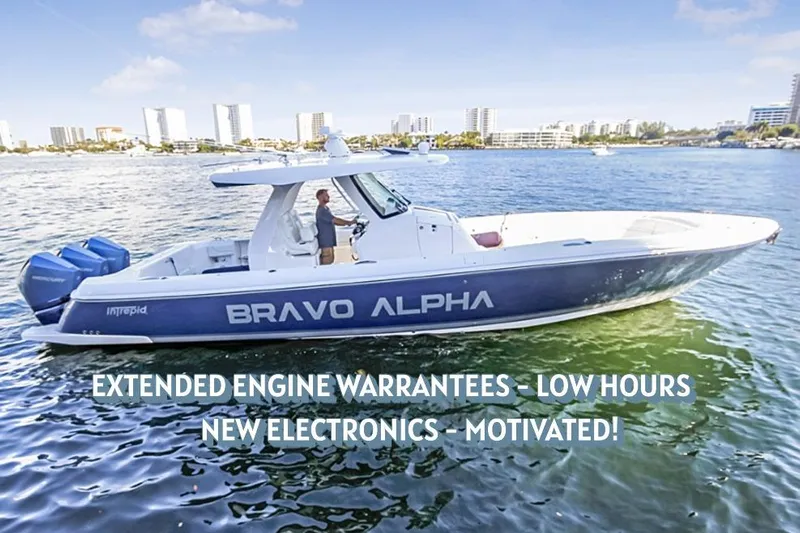 "alpha Bravo" Yacht Photos Pics 2022 Intrepid 375 Nomad SE boat on water, extended engine warranties, low hours, new electronics.