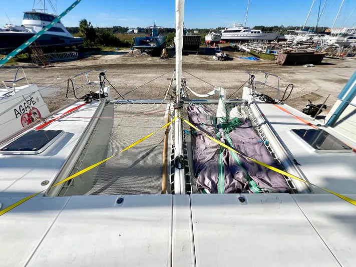 Trebuchet Yacht Photos Pics Catamaran deck view, Switch 51 model, docked in a marina, year 2000.