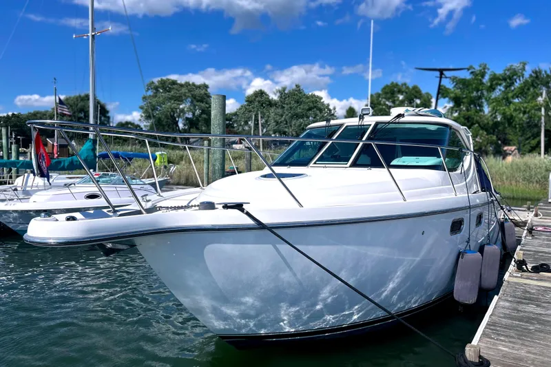  Yacht Photos Pics 2008 Tiara Yachts 3500 Sovran docked at marina under blue sky.