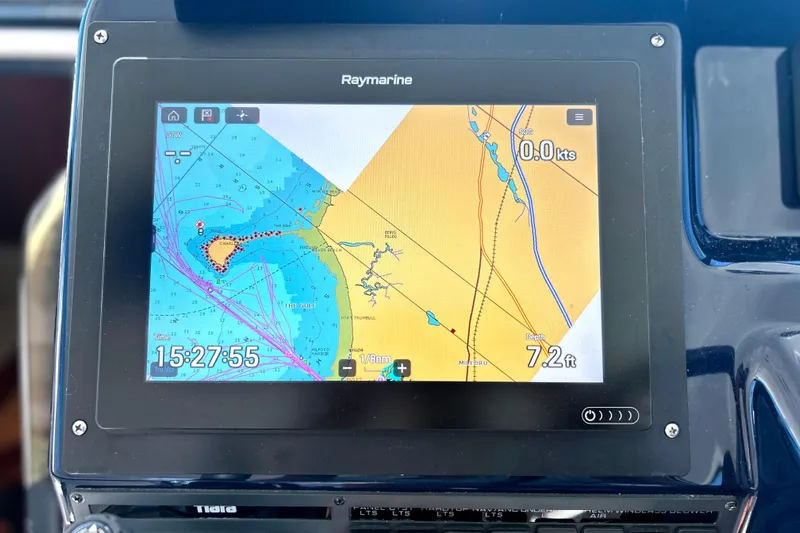  Yacht Photos Pics Raymarine navigation display on 2008 Tiara Yachts 3500 Sovran, showing nautical chart and speed.