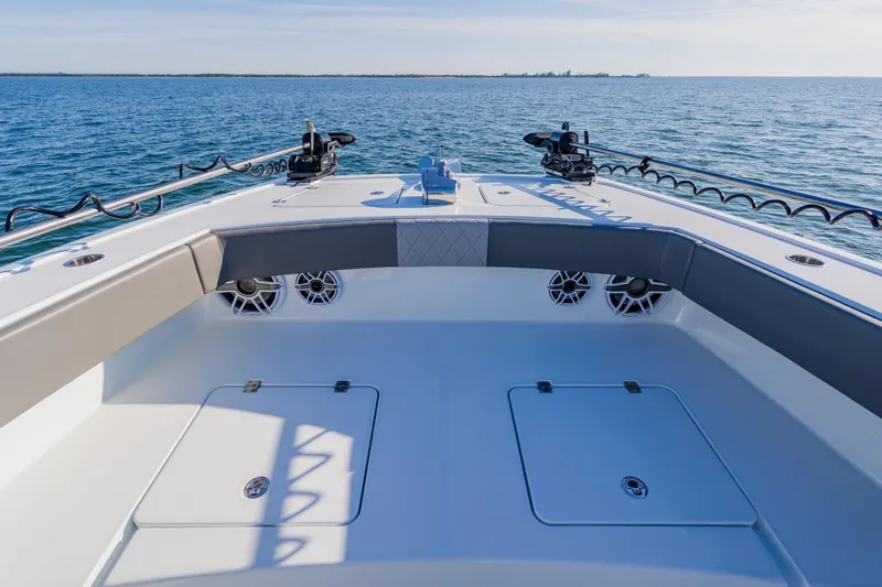 Reel Blessed Yacht Photos Pics Bow view of 2025 Freeman 42LR boat on open water.