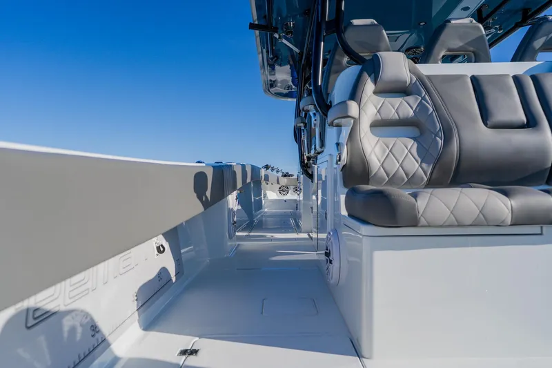 Reel Blessed Yacht Photos Pics Luxurious interior of 2025 Freeman 42LR boat with plush seating and sleek design.