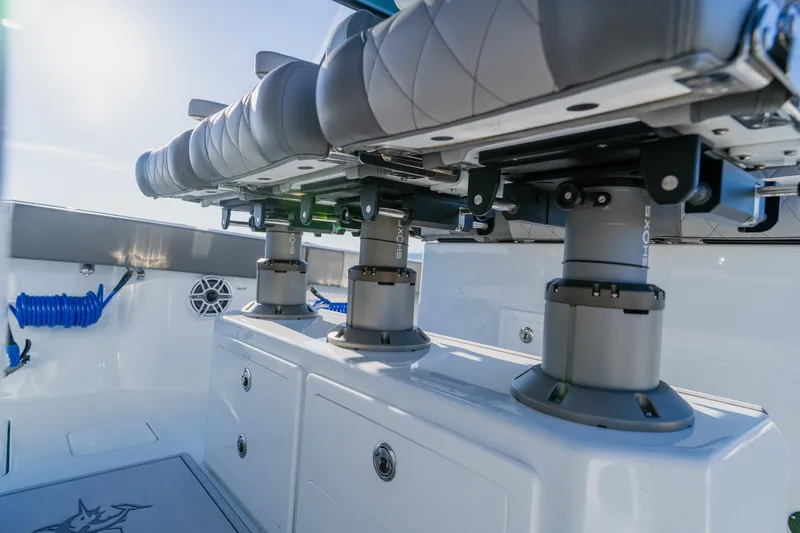 Reel Blessed Yacht Photos Pics Luxury seating on a 2025 Freeman 42LR boat, featuring modern design and high-quality materials.