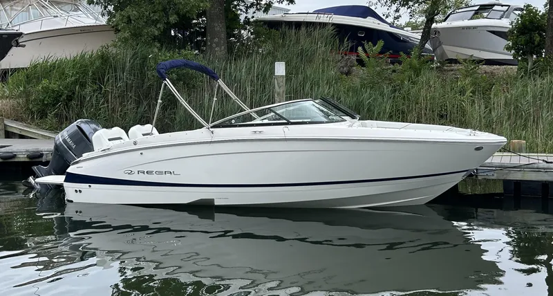  Yacht Photos Pics 2026 Regal LX4 boat docked on calm water, surrounded by lush greenery.