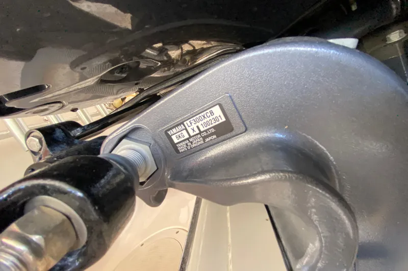  Yacht Photos Pics Close-up of Yamaha motor part on 2006 Pursuit 3480 Drummond Island Runner boat.