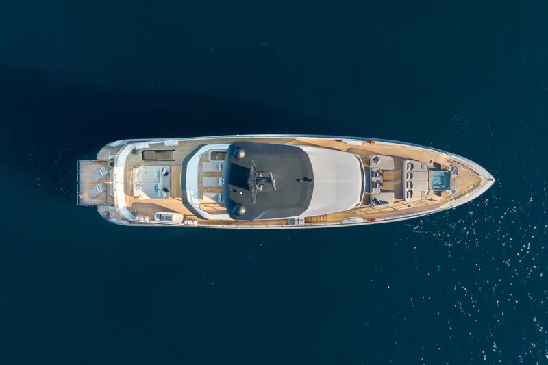 Ocean One Yacht Photos Pics Overhead view of 2022 Azimut Grande 36M yacht on deep blue water.