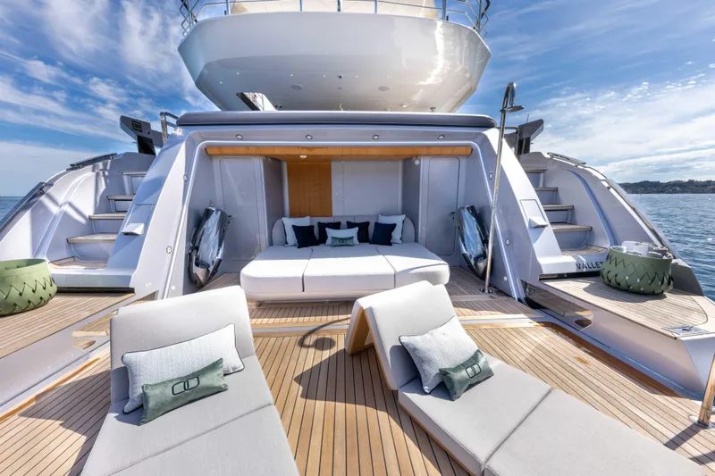 Ocean One Yacht Photos Pics Luxurious 2022 Azimut Grande 36M yacht deck with sun loungers and elegant seating area.