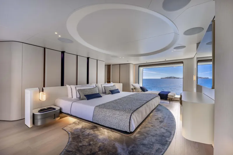 Ocean One Yacht Photos Pics Luxurious bedroom interior of 2022 Azimut Grande 36M yacht with ocean view.